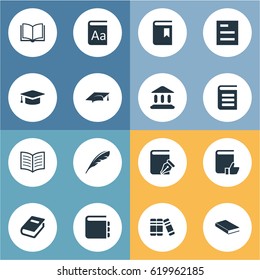 Vector Illustration Set Of Simple Education Icons. Elements Academic Cap, Sketchbook, Library And Other Synonyms Encyclopedia, Bookmark And Recommended.