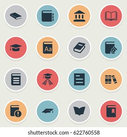 Vector Illustration Set Of Simple Education Icons. Elements Encyclopedia, Book Cover, Bookshelf And Other Synonyms Alphabet, Academy And Page.