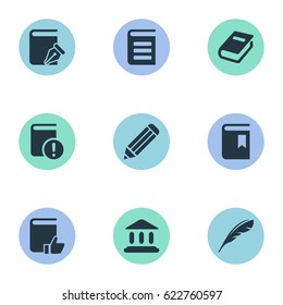 Vector Illustration Set Of Simple Education Icons. Elements Book Cover, Important Reading, Pen And Other Synonyms Recommended, Feather And Writing.