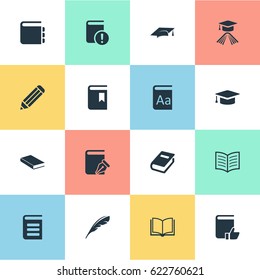 Vector Illustration Set Of Simple Education Icons. Elements Journal, Notebook, Recommended Reading And Other Synonyms Sketchbook, Cap And Pencil.