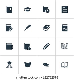 Vector Illustration Set Of Simple Education Icons. Elements Book Cover, Tasklist, Book Page And Other Synonyms Plume, Pen And Textbook.