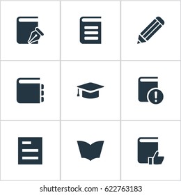 Vector Illustration Set Of Simple Education Icons. Elements Recommended Reading, Journal, Encyclopedia And Other Synonyms Book, Graduation And Hat.