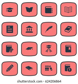 Vector Illustration Set Of Simple Education Icons. Elements Notebook, Book Cover, Notebook And Other Synonyms Library, Academy And Hat.