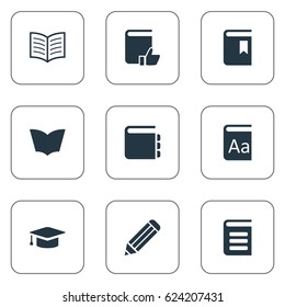 Vector Illustration Set Of Simple Education Icons. Elements Reading, Recommended Reading, Pen And Other Synonyms Hat, Writing And Academic.