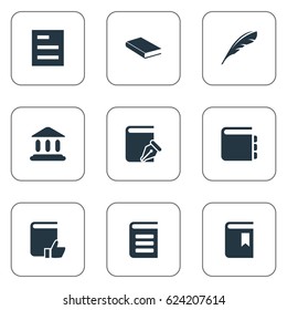 Vector Illustration Set Of Simple Education Icons. Elements Encyclopedia, Notebook, Tasklist And Other Synonyms Note, School And Quill.