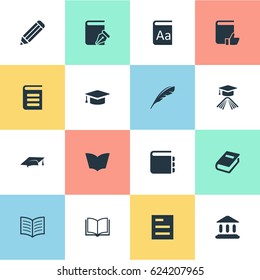 Vector Illustration Set Of Simple Education Icons. Elements Journal, Academic Cap, Plume And Other Synonyms Page, Feather And School.