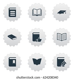 Vector Illustration Set Of Simple Education Icons. Elements Academic Cap, Book Cover, Encyclopedia And Other Synonyms Blank, Dictionary And Page.