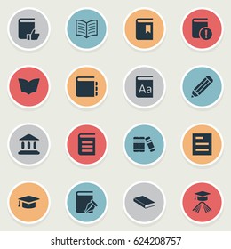 Vector Illustration Set Of Simple Education Icons. Elements Journal, Sketchbook, Encyclopedia And Other Synonyms Catalog, Notepad And Book.