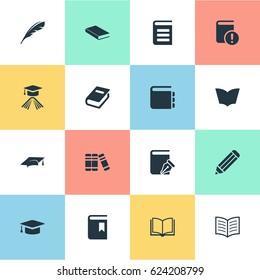 Vector Illustration Set Of Simple Education Icons. Elements Encyclopedia, Book Page, Plume And Other Synonyms Important, Notebook And Bookshelf.