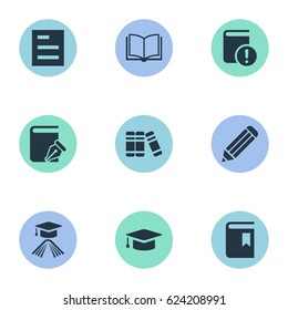 Vector Illustration Set Of Simple Education Icons. Elements Book Cover, Bookshelf, Blank Notebook And Other Synonyms Notebook, Book And Academic.