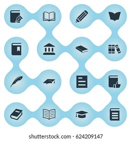 Vector Illustration Set Of Simple Education Icons. Elements Book Cover, Academic Cap, Encyclopedia And Other Synonyms Bookmark, Note And Encyclopedia.