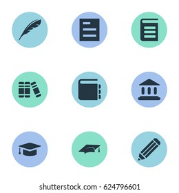 Vector Illustration Set Of Simple Education Icons. Elements Academic Cap, Journal, Pen And Other Synonyms Quill, Journal And Literature.