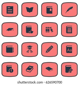Vector Illustration Set Of Simple Education Icons. Elements Alphabet, Reading, Recommended Reading And Other Synonyms Plume, Bookshelf And Cap.