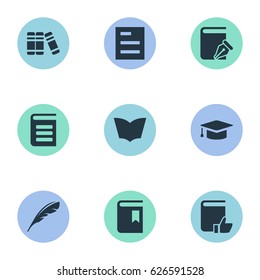 Vector Illustration Set Of Simple Education Icons. Elements Sketchbook, Recommended Reading, Encyclopedia And Other Synonyms Library, Plume And Academic.