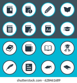 Vector Illustration Set Of Simple Education Icons. Elements Reading, Sketchbook, Pen And Other Synonyms Bookmark, Blank And Pen.