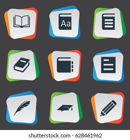 Vector Illustration Set Of Simple Education Icons. Elements Tasklist, Encyclopedia, Alphabet And Other Synonyms Hat, Pen And Dictionary.