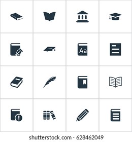 Vector Illustration Set Of Simple Education Icons. Elements Encyclopedia, Academic Cap, Book Cover And Other Synonyms Alphabet, Bookmark And Notebook.