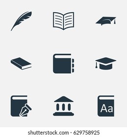 Vector Illustration Set Of Simple Education Icons. Elements Notebook, Sketchbook, Academic Cap And Other Synonyms Write, Hat And Alphabet.