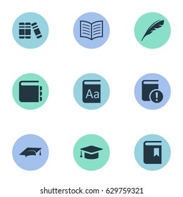 Vector Illustration Set Of Simple Education Icons. Elements Alphabet, Journal, Book Cover And Other Synonyms Bookshelf, Bookmark And Literature.