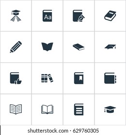 Vector Illustration Set Of Simple Education Icons. Elements Bookshelf, Graduation Hat, Academic Cap And Other Synonyms Write, Reading And Hat.