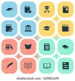 Vector Illustration Set Of Simple Education Icons. Elements Library, Tasklist, Encyclopedia And Other Synonyms Hat, Bookshelf And Graduation.