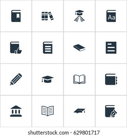 Vector Illustration Set Of Simple Education Icons. Elements Book Cover, Recommended Reading, Graduation Hat And Other Synonyms Notebook, Note And Notepad.