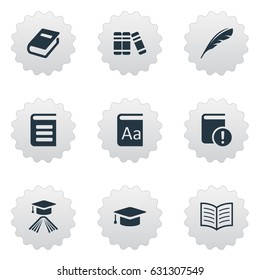 Vector Illustration Set Of Simple Education Icons. Elements Alphabet, Plume, Notebook And Other Synonyms Graduation, Book And Encyclopedia.