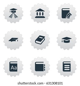 Vector Illustration Set Of Simple Education Icons. Elements Library, Graduation Hat, Encyclopedia And Other Synonyms School, Building And Academy.