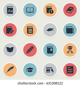 Vector Illustration Set Of Simple Education Icons. Elements Notebook, Important Reading, Graduation Hat And Other Synonyms Feather, Cap And Sketchbook.