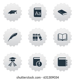 Vector Illustration Set Of Simple Education Icons. Elements Alphabet, Plume, Academic Cap And Other Synonyms Plume, Blank And Hat.