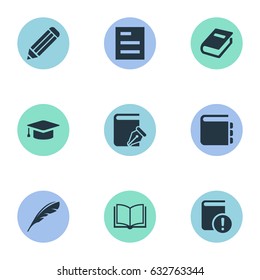 Vector Illustration Set Of Simple Education Icons. Elements Blank Notebook, Journal, Important Reading And Other Synonyms Journal, Book And Write.