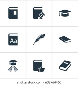 Vector Illustration Set Of Simple Education Icons. Elements Notebook, Alphabet, Book Cover And Other Synonyms Book, Favored And Reading.