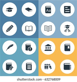 Vector Illustration Set Of Simple Education Icons. Elements Bookshelf, Sketchbook, Book Page And Other Synonyms Bookshelf, Academy And Document.