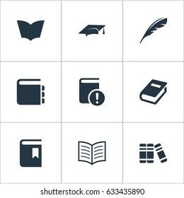 Vector Illustration Set Of Simple Education Icons. Elements Notebook, Important Reading, Plume And Other Synonyms Journal, Literature And Feather.