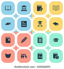Vector Illustration Set Of Simple Education Icons. Elements Graduation Hat, Sketchbook, Library And Other Synonyms Graduation, Notebook And List.