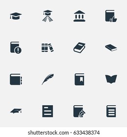 Vector Illustration Set Of Simple Education Icons. Elements Recommended Reading, Academic Cap, Academic Cap And Other Synonyms Quill, Graduation And Encyclopedia.
