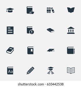Vector Illustration Set Of Simple Education Icons. Elements Academic Cap, Library, Notebook And Other Synonyms Academic, Bookmark And Textbook.