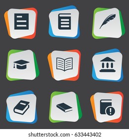 Vector Illustration Set Of Simple Education Icons. Elements Plume, Academic Cap, Notebook And Other Synonyms Hat, Quill And List.