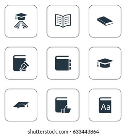 Vector Illustration Set Of Simple Education Icons. Elements Academic Cap, Recommended Reading, Academic Cap And Other Synonyms Journal, Dictionary And Catalog.