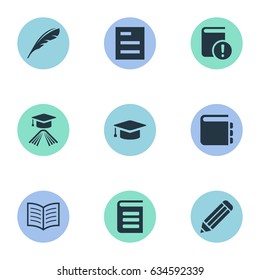 Vector Illustration Set Of Simple Education Icons. Elements Pen, Journal, Encyclopedia And Other Synonyms Important, Writing And Graduation.