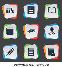 Vector Illustration Set Of Simple Education Icons. Elements Recommended Reading, Blank Notebook, Pen And Other Synonyms Favored, Blank And Note.