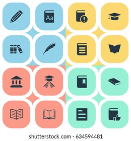 Vector Illustration Set Of Simple Education Icons. Elements Plume, Graduation Hat, Book Cover And Other Synonyms Academic, Journal And Feather.