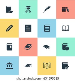 Vector Illustration Set Of Simple Education Icons. Elements Blank Notebook, Notebook, Bookshelf And Other Synonyms Dictionary, Note And Book.