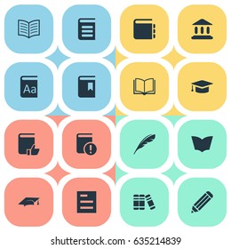 Vector Illustration Set Of Simple Education Icons. Elements Library, Encyclopedia, Bookshelf And Other Synonyms Library, Notebook And Document.