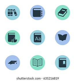 Vector Illustration Set Of Simple Education Icons. Elements Book Cover, Reading, Academic Cap And Other Synonyms Favored, Dictionary And Book.