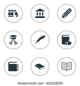 Vector Illustration Set Of Simple Education Icons. Elements Pen, Book Page, Notebook And Other Synonyms Notepad, Writing And Quill.