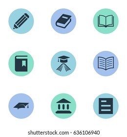 Vector Illustration Set Of Simple Education Icons. Elements Graduation Hat, Tasklist, Book Cover And Other Synonyms Document, Building And Notebook.