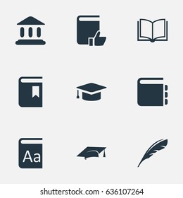 Vector Illustration Set Of Simple Education Icons. Elements Plume, Library, Alphabet And Other Synonyms Graduation, Academic And Hat.