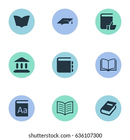 Vector Illustration Set Of Simple Education Icons. Elements Book Page, Recommended Reading, Notebook And Other Synonyms Recommended, Page And Cap.