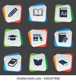 Vector Illustration Set Of Simple Education Icons. Elements Notebook, Notebook, Reading And Other Synonyms Hat, Alphabet And Bookshelf.